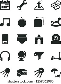 Solid Black Vector Icon Set - calendar vector, diaper, rocking horse, box of bricks, Kick scooter, temperature, headphones, globe, artificial satellite, copy, cheese, popcorn, tasty plum, web camera