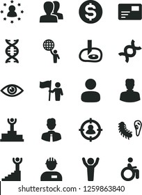 Solid Black Vector Icon Set - women vector, workman, employee, eye, pass card, woman, man, in sight, dollar, dna, bactery, artifical insimination, winner podium, stairway, hold world, hands up, flag