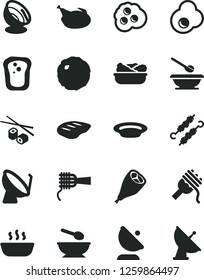 Solid Black Vector Icon Set - deep plate with a spoon vector, plates and spoons, spaghetti, noodles, hot porridge, lettuce in, chicken, grill leg, chop, meat on skewers, cabbage, Chinese chopsticks