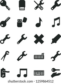 Solid Black Vector Icon Set - repair key vector, cross, small tools, adjustable wrench, door knob, music, steel, text highlighter, keyboard, usb flash, note, arm with