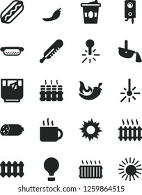 Solid Black Vector Icon Set - mercury thermometer vector, radiator, new, boiler, sausage, Hot Dog, mini, chili, cup of tea, coffe to go, a glass, red pepper, outdoor, steel production, cast iron