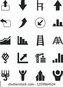 Solid Black Vector Icon Set - upward direction vector, downward, growth chart, positive histogram, a chair for feeding, tower crane, hook, winch, stepladder, ladder, left bottom arrow, move up, bar