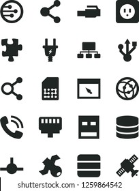 Solid Black Vector Icon Set - Puzzle vector, power socket type b, electric plug, SIM, connection, connections, scheme, phone call, usb, network, browser, connect, lan connector, big data, satellite