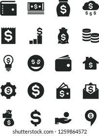 Solid Black Vector Icon Set - purse vector, coins, denomination of the dollar, financial item, catch a coin, wallet, money, cash, bag hand, rain, mortgage, pedestal, gear, idea, eyes, mail, pin
