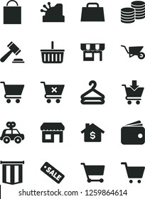 Solid Black Vector Icon Set - paper bag vector, grocery basket, hammer of a judge, motor vehicle present, building trolley, cart, put in, crossed, kiosk, coins, hanger, wallet, hand, cashbox