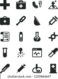 Solid Black Vector Icon Set - first aid kit vector, plus, electronic thermometer e, mercury, medical bag, temperature, cardiogram, garlic, flask, research article, test tube, dna, bactery, pipette