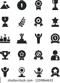 Solid Black Vector Icon Set - pedestal vector, medal, winner, laurel branch, podium, prize, award, cup, gold, star, reward, man hands up, with, mountain flag, first place, ribbon