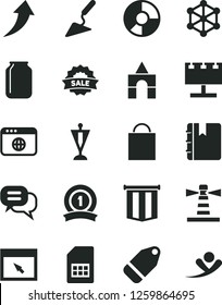 Solid Black Vector Icon Set - paper bag vector, box of bricks, building trowel, notebook, label, SIM card, jar, lighthouse, billboard with illumination, ring diagram, sale, browser, 3d cube, pennant