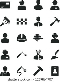 Solid Black Vector Icon Set - builder vector, workman, building trowel, paint roller, ceramic tiles, construction helmet, hammer, with claw, employee, pass card, operator, welding, gas, woman, man