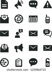 Solid Black Vector Icon Set - warning vector, envelope, scribbled paper, received letter, speech, survey, megaphone, wall calendar, mobile phone, network, mail, dialog, money, loudspeaker