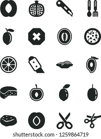 Solid Black Vector Icon Set - scissors vector, mark of injury, iron fork spoons, knife, stationery, cheese, pizza, slices onion, piece meat, half pomegranate, plum, mango, peach, melon, cherry