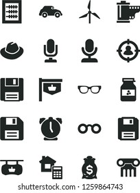 Solid Black Vector Icon Set - desktop microphone vector, floppy disk, hat, camera roll, new abacus, estimate, alarm clock, jar of jam, windmill, retro car, vintage sign, man in sight, glasses