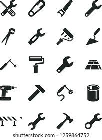 Solid Black Vector Icon Set - paint roller vector, repair key, safety pin, building trowel, small tools, adjustable wrench, cordless drill, hand saw, paving slab, road fence, hammer, with claw, gas