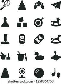 Solid Black Vector Icon Set - paper airplane vector, rubber duck, bath ball, stacking rings, toy, roly poly doll, tumbler, sand set, children's, yule, rocking horse, small, cubes for children, cup