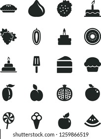 Solid Black Vector Icon Set - cake vector, birthday, piece of, pie, lollipop, popsicle, cone, strawberries, apple, half pomegranate, branch grape, apricot, fig, ripe plum, sweet date fruit, kiwi