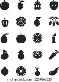 Solid Black Vector Icon Set - beet vector, carrot, apple, squash, quince, tasty, medlar, loquat, goji berry, half, lemon, yellow, of kiwi, passion fruit, ripe pineapple, grapefruit, stub, persimmon