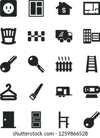 Solid Black Vector Icon Set - Cradle Vector, A Chair For Feeding, Window, Arm Saw, Stepladder, Lay Out Of Flat, Power Socket Type B, Key, Ntrance Door, Interroom, City Block, Ceramic Tiles, Hanger