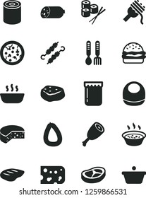 Solid Black Vector Icon Set - baby bib vector, iron fork spoons, sausage, stick of, piece cheese, tin, pizza, burger, spaghetti, porridge in a saucepan, hot, chicken thigh, bacon, chop, sushi set