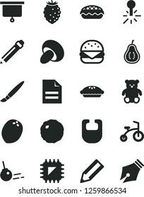 Solid Black Vector Icon Set - tassel vector, graphite pencil, scribbled paper, bib, small teddy bear, child bicycle, core, big burger, porcini, pie, apple, cabbage, tasty raspberry, coconut, smd
