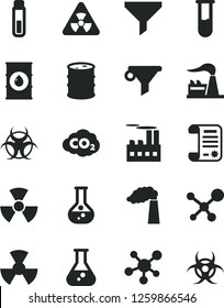 Solid Black Vector Icon Set - flask vector, manufacture, factory, oil, barrel, industrial building, radiation, carbon dyoxide, filter, water, research article, test tube, molecule, nuclear