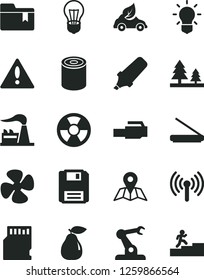 Solid Black Vector Icon Set - warning vector, folder bookmark, map, tin, pear, fan screw, factory, bulb, forest, radiation hazard, eco car, assembly robot, text highlighter, scanner, floppy, sd card