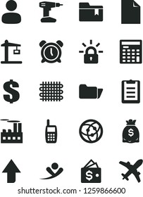 Solid Black Vector Icon Set - alarm clock vector, upward direction, clean sheet of paper, dollar, folder bookmark, drill, industrial building, weaving, Construction crane, man, dollars, mobile phone