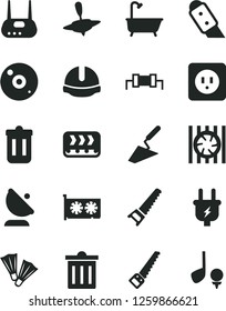 Solid Black Vector Icon Set - bin vector, small yule, trowel, hand saw, arm, bath, power socket type b, construction helmet, knife, plug, conveyor, satellite antenna, radiator fan, gpu card, router
