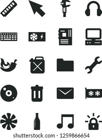 Solid Black Vector Icon Set - chili vector, canister, caliper, Glass bottle, computer, fan, keyboard, pc power supply, motherboard, memory, gpu card, cd, headphones, folder, trash bin, note, mail