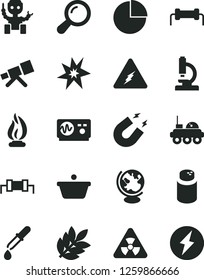Solid Black Vector Icon Set - pie chart vector, powder, pan, microscope, telescope, electricity, nuclear, zoom, pipette, globe, oscilloscope, magnet, flame, robot, lunar rover, biology, resistor