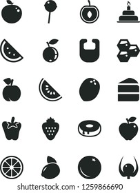 Solid Black Vector Icon Set - bib vector, birthday cake, piece of, with a hole, peper, Chupa Chups, strawberry, orange slice, honeycombs, peach, red apple, blueberry, water melon, half cherry, juicy