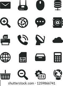 Solid Black Vector Icon Set - grocery basket vector, zoom, out, speech, earth, big data server, address book, drawer, satellite dish, SIM, phone call, calculator, mouse, router, printer, network