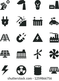 Solid Black Vector Icon Set - lightning vector, danger of electricity, ladder, bulb, marine propeller, solar panel, big, coal mining, wind energy, manufacture, barrel, battery, hydroelectricity, sun