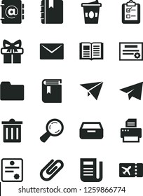 Solid Black Vector Icon Set - bin vector, paper airplane, folder, book, envelope, notebook, address, drawer, survey, clip, coffe to go, magnifier, newspaper, gift, printer, patente, plane, ticket