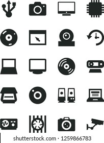 Solid Black Vector Icon Set - camera vector, laptop, CD, screen, notebook pc, radiator fan, cpu, monitor, web, usb, scanner, speaker, browser, history, oscilloscope, surveillance