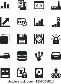 Solid Black Vector Icon Set - floppy disk vector, growth chart, negative histogram, drawer, copy, statistical research, agenda, radiator fan, encrypting, hdd, usb, router, coding, lan connector