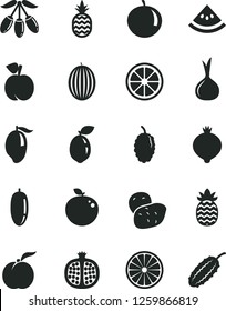 Solid Black Vector Icon Set - a pineapple vector, peach, ripe, half pomegranate, medlar, mulberry, melon, mango, goji berry, date fruit, tangerine, juicy lemon, sour lime, of orange, delicious apple