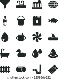 Solid Black Vector Icon Set - mug for feeding vector, rubber duck, bucket, bath, siphon, new radiator, drop, fish, bottle of soda, marine propeller, hydroelectricity, canister oil, pipe, filter