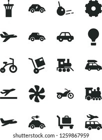 Solid Black Vector Icon Set - truck lorry vector, motor vehicle, baby toy train, child bicycle, core, shipment, marine propeller, electric car, transport, retro, private plane, baggage, air balloon