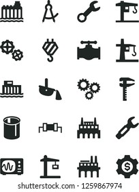 Solid Black Vector Icon Set - crane vector, hook, gears, valve, hydroelectric station, hydroelectricity, industrial factory, enterprise, tower, Construction, pipes, steel repair key, calipers, three