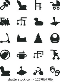 Solid Black Vector Icon Set - toys over the cradle vector, cot, mug for feeding, baby bib, beanbag, chair, car child seat, carriage, sitting stroller, rubber duck, bath ball, stacking toy, potty, a