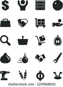 Solid Black Vector Icon Set - cargo trolley vector, magnifier, dollar, chest of drawers, big core, drill, arm saw, shipment, fried vegetables on sticks, cabbage, fig, half medlar, loquat, hand shake