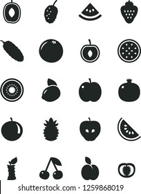 Solid Black Vector Icon Set - cucumber vector, strawberry, apple, cherry, pomegranate, tasty, mulberry, slice of water melon, delicious plum, tangerine, half, yellow lemon, kiwi, passion fruit, stub