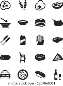 Solid Black Vector Icon Set - plates and spoons vector, a chair for feeding child, sausage, fried vegetables on sticks, pizza, piece of, burger, plate, chicken, bacon, chop, barbecue, meat, soda can