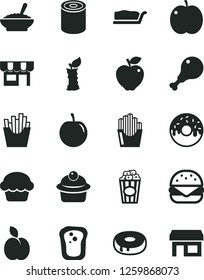Solid Black Vector Icon Set - kiosk vector, tin, big burger, cake, muffin, slice, with a hole, glazed, bowl of buckwheat porridge, chicken leg, French fries, fried potato slices, cup popcorn, apple