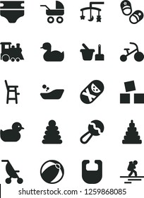 Solid Black Vector Icon Set - toys over the cradle vector, diaper, bib, beanbag, baby carriage, summer stroller, rubber duck, duckling, bath ball, children's bathroom, stacking rings, toy, tumbler
