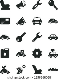 Solid Black Vector Icon Set - truck lorry vector, horn, Baby chair, car child seat, motor vehicle, present, key, pass card, big solar panel, canister of oil, environmentally friendly transport