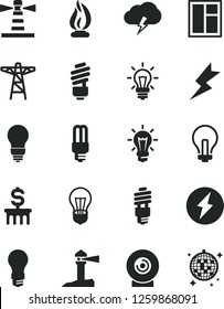 Solid Black Vector Icon Set - incandescent lamp vector, window, saving light bulb, lightning, storm cloud, lens, power pole, energy, mercury, lighthouse, coastal, flame, electricity, dollar column
