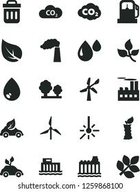 Solid Black Vector Icon Set - drop vector, apple stub, leaves, leaf, gas station, windmill, wind energy, manufacture, hydroelectric, hydroelectricity, trees, industrial building, eco car, CO2