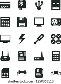 Solid Black Vector Icon Set - lightning vector, floppy disk, monitor, bank card, electronic thermometer e, screen, math actions, SIM, calculator, engineer, pc power supply, motherboard, usb, router