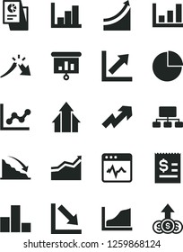 Solid Black Vector Icon Set - growth up vector, pie chart, bar, graph, negative, histogram, cardiogram, recession, a crisis, scheme, article on the dollar, statistical research, presentation, arrow